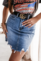 Street Solid Tassel Ripped Pocket Regular Denim Skirts