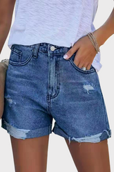 Street Solid Ripped Make Old Mid Waist Straight Denim Shorts(3 colors)