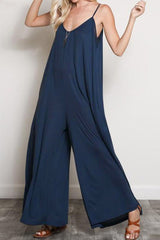 Fashion Street Solid Patchwork V Neck Loose Jumpsuits
