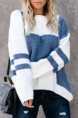 Casual Patchwork Contrast O Neck Tops Sweater