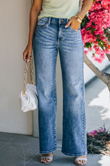Fashion Elegant Solid Basic Straight Mid Waist Wide Leg Bottoms