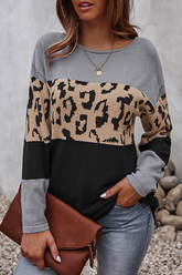 Casual Leopard Patchwork Contrast O Neck Tops