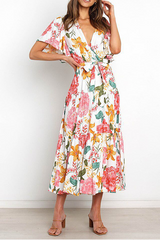 Fashion Elegant Floral Flounce Strap Design V Neck Waist Skirt Dresses(4 Colors)