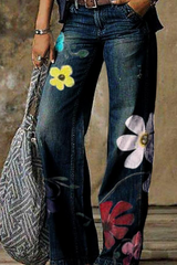 Casual Print Patchwork Mid Waist Boot Cut Denim Jeans(5 Colors)