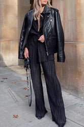 Casual Solid Patchwork Buckle Fold Turndown Collar Long Sleeve Two Pieces(4 Colors)