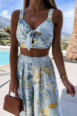 Casual Print Split Joint V Neck Sleeveless Two Pieces(3 colors)