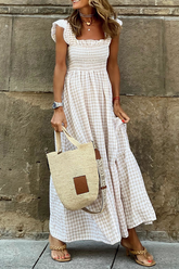 Fashion Plaid Patchwork Square Collar Cake Skirt Dresses