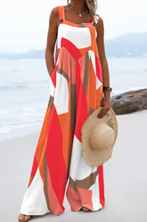 Casual Print Patchwork Square Collar Straight Jumpsuits(4 colors)