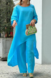 Casual Solid Patchwork O Neck Half Sleeve Two Pieces(6 colors)