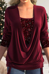 Casual Solid Sequins Patchwork Asymmetrical Collar Tops(8 Colors)