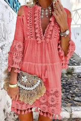 Sweet Patchwork Embroidered Hollowed Out With Bow V Neck Irregular Dress Dresses(8 Colors)