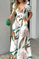 Elegant Print Patchwork V Neck Straight Jumpsuits(6 Colors)