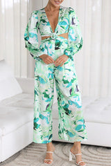Casual Sweet Print Patchwork V Neck Loose Jumpsuits