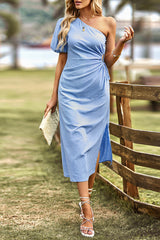 Celebrities Elegant Solid Asymmetrical Oblique Collar A Line Dresses(5 Colors)