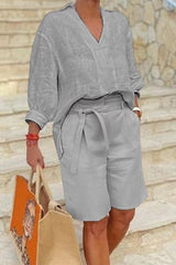 Casual Simplicity Solid Pocket V Neck Long Sleeve Two Pieces(4 Colors)