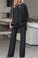 Casual Simplicity Solid Patchwork Asymmetrical O Neck Half Sleeve Two Pieces