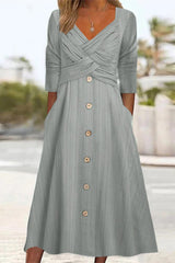 Casual Solid Buttons V Neck Long Sleeve Dresses(4 Colors)