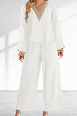 Casual Solid Lace Patchwork V Neck Long Sleeve Two Pieces