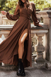 Casual Solid Frenulum Slit V Neck Long Sleeve Dresses(5 Colors)