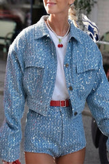 Casual Street Solid Sequins Sequined Turndown Collar Long Sleeve Two Pieces