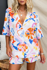 Casual Vacation Geometric Print Buttons Contrast Turndown Collar Half Sleeve Two Pieces