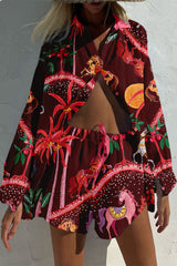 Casual Vintage Geometric Print Draw String Pocket Turndown Collar Long Sleeve Two Pieces