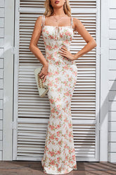 Sexy Vintage Print Flowers Frenulum Backless Square Collar One Step Skirt Dresses