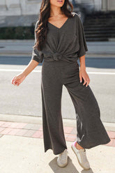 Casual Simplicity Solid Pocket V Neck Short Sleeve Two Pieces(4 Colors)