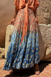 Elegant Print Flowers Flounce Contrast Loose High Waist Type A Full Print Bottoms