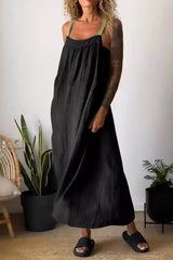 Casual Simplicity Solid Pocket Fold Square Collar Sling Dresses(8 Colors)