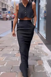 Casual Striped Patchwork Pocket V Neck Sleeveless Two Pieces