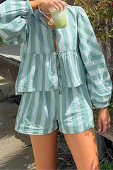 Casual Striped Print Lace Up Contrast V Neck Sleeveless Two Pieces