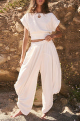 Casual Lace Up Backless O Neck Short Sleeve Two Pieces(2 Colors)