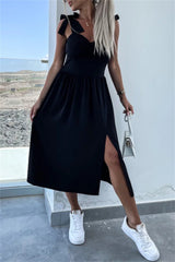 Casual Solid Color Floral Print Backless Slit Belted Spaghetti Strap Sleeveless Dresses(7 Colors)