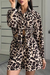 Casual Street Leopard Print Pocket Knotted Turndown Collar Long Sleeve Two Pieces