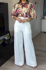 Elegant Floral Print Pocket O Neck Short Sleeve Two Pieces