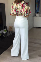 Elegant Floral Print Pocket O Neck Short Sleeve Two Pieces