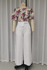 Elegant Floral Print Pocket O Neck Short Sleeve Two Pieces