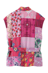 Casual Street Floral Print Lace Up Patchwork Contrast V Neck Tops