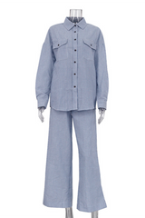 Casual Striped Print Pocket Contrast Turndown Collar Long Sleeve Two Pieces