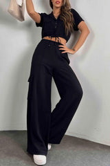 Casua  Buttons Belted Turndown Collar Short Sleeve Two Pieces(3 Colors)