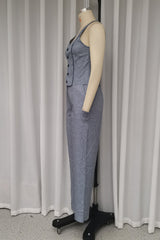 Casual Solid Color Buttons V Neck Sleeveless Two Pieces