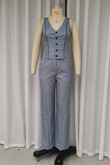 Casual Solid Color Buttons V Neck Sleeveless Two Pieces