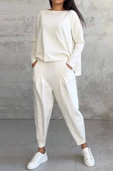 Casual Solid Color Pocket O Neck Long Sleeve Two Pieces(9 Colors)