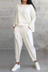 Casual Solid Color Pocket O Neck Long Sleeve Two Pieces(9 Colors)