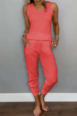 Casual Daily Solid Color Draw String Pocket Lace Up U Neck Sleeveless Two Pieces(6 Colors)