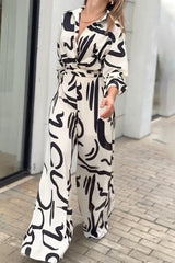 Casual Street Geometric Print Lace Up Turndown Collar Loose Jumpsuits
