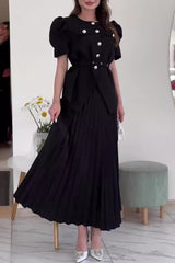 Celebrities Elegant Buttons Patchwork O Neck Short Sleeve Two Pieces(4 Colors)