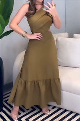 Elegant Hollow Out Ruffle Pleated Sloping Shoulder Pleated Dresses