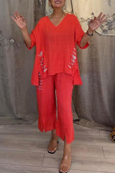 Casual Daily Ripped Sequins Irregular V Neck Half Sleeve Two Pieces(8 Colors)